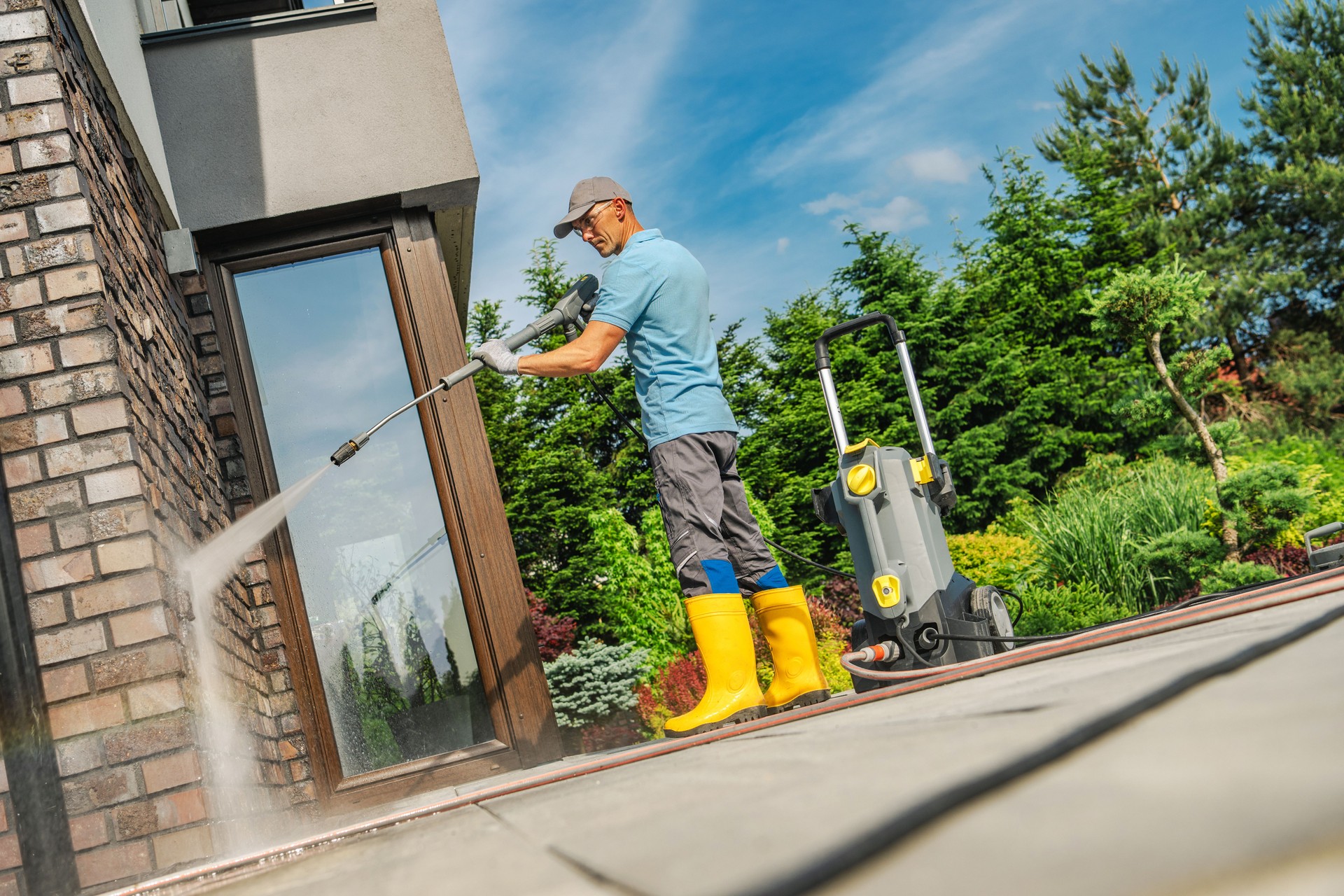 Man Washing Exterior Walls With Pressure Washer on Sunny Day in Residential Area